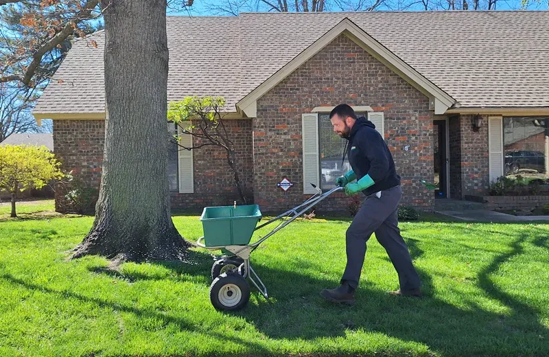 Technician spreading fertilizer on lawn